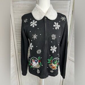 Christmas Holiday B.P.Design szS Black SnowGlobe WhiteFaux Collar Zip-Up Sweater
